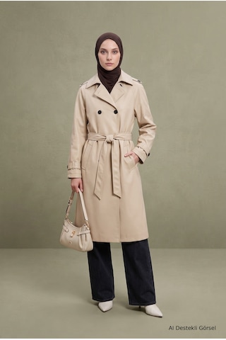 Armine Trend Klasik Yaka Belden Kuşaklı Çift Cepli 101 Cm Boy Koyu Trenckot Bej 26kt728 Koyu Bej
