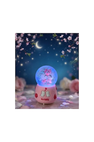 Sweet Love Koyu Pembe Kalpli Tavşanlı Işıklı & Müzikli Kar Küresi