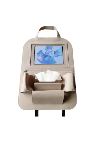 Glanz Araç Koltuk Arkası Organizer Bej Oto Tablet Telefon Tutucu Araba İçi Düzenleyici