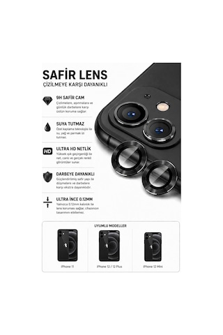Apple iPhone Uyumlu 11 / 12 / 12 Mini Siyah Metal Kamera Lens Koruyucu Safir Cam Ultra Net Hd