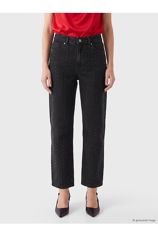 Lcw Jeans Siyah Straight Fit Taşlı Kadın Jean Pantolon