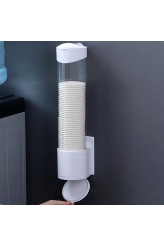 Beyaz Kağıt Bardak Dağıtıcı Duvara Montaj Çekme Tipi Toz Geçirmez Kapak Tek Kullanımlık Plastik Su Bardağı Depolama Tutucu