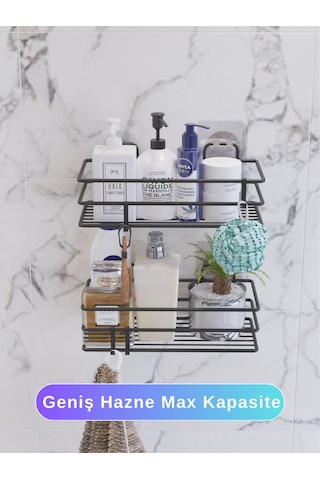 Suntel Yapışkanlı Ve Kancalı Vidasız Banyo Rafı Düzenleyici 2 Adet Siyah