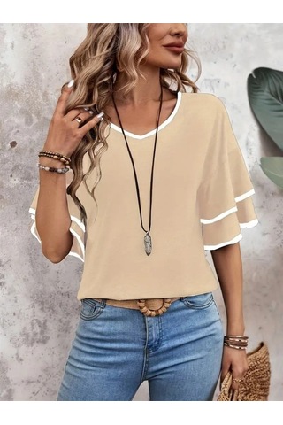 Modaserdem Kadın Kısa Kollu V Yakalı Viskon Bluz Bej