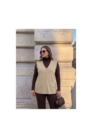 Onno Style Women Cebi Kelebek Taşlı Çelik Örgü Klasik Triko Yelek Krem