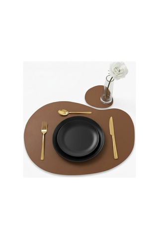 Kk Swords 2 Kişilik 4 Parça Deri Amerikan Servis, Çok Amaçlı Silinebilir Supla, Bardak Altı Hediyeli, Masa Dekoru Dekorasyon Kahverengi