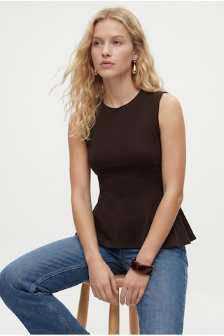 Ritnice Kadın Rowe %100 Pamuk Peplum Sıfır Kol Kahverengi Bluz