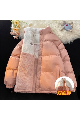 2025 Yeni Çift Taraflı Bol Kesim Kuzu Yünü Pamuklu Dolgulu Ceket, Unisex Çift Pamuklu Dolgulu Mont Pembe