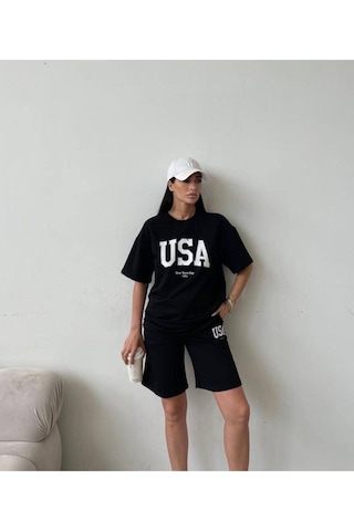 Usa T-shirt Şort - Alt Üst Takım Şort Tişört Kombin Baskılı Bisiklet Yaka Siyah