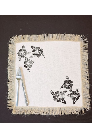 %100 Pamuklu Ham Keten Hasır Püsküllü Çiçek Taş Baskı 6' Lı Amerikan Servisi Supla Kare 42 Cm Naturel