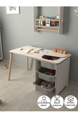 Çocuk Oyun Ve Aktivite Masası - Gri Sepetli Beyaz-gri