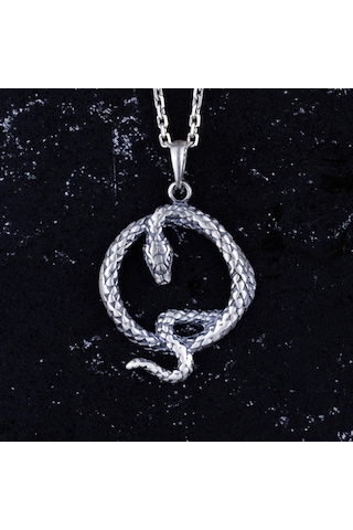 925 Ayar Gümüş Ouroboros Yılan Kolye - Sonsuzluk Ve Yenilenme Sembolü - El Yapımı Takı - Mitoloji Severler İçin Hediye Gümüş