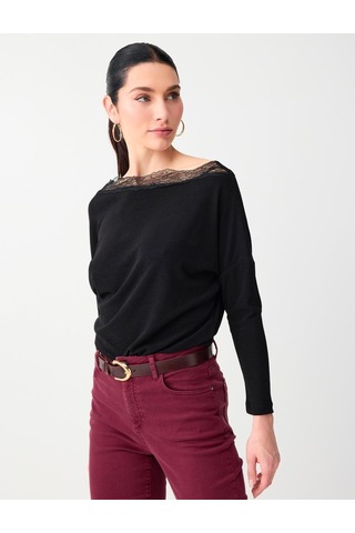 Jimmy Key Jimmy Key Siyah Kayık Yaka Uzun Kollu Dantel Detaylı Örme Bluz 6sw035531900