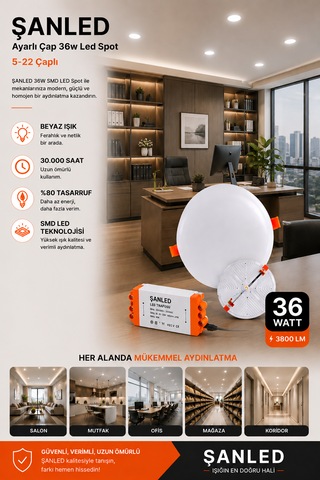 36w Ayarlı Çap Tasarruflu Led Yuvarlak Beyaz Işık Sıva Altı Slim Spot Aydınlatma Armatürü-10 Adet