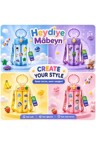 Heydiye Mâbeyn İkili Suluk 550 Ml Tritan Bpa-bps Free Matara, Çift Hazneli, Çift İçim Kapaklı, Bilek Ve Boyun Askılı, Sticker & 3d Figür Hediyeli Sarı
