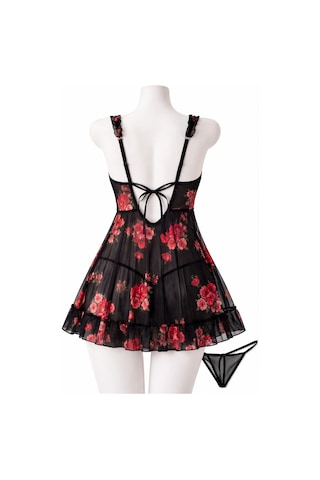 Albonishop Kadın Beyaz Kiraz Desenli Dantel Detaylı Askılı Babydoll Gecelik Çok Renkli