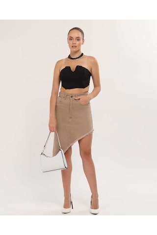 Shevega Kadın Krem Etek Püskül Asimetrik Kesim Keten Etek Krem