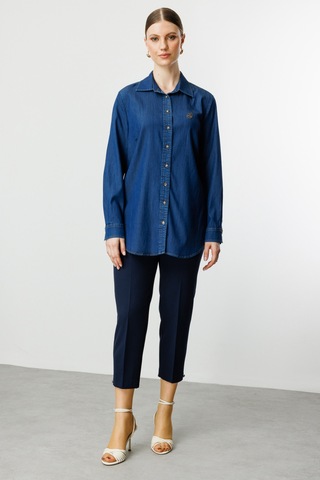 Ekol Kadın Büyük Beden Kelebek İşlemeli Gömlek 3502 Indigo İndigo