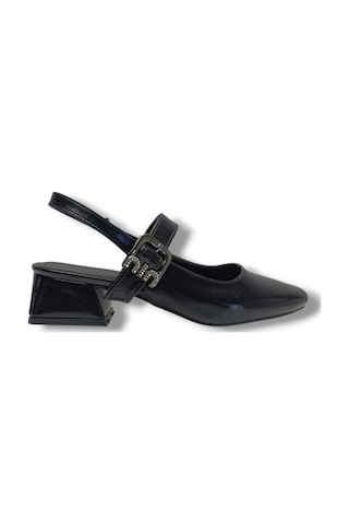 Ceylan Shoes 315-26 Kırışık Rugan Deri Kısa Kare Topuk Arkası Açık Kadın Ayakkabı Siyah