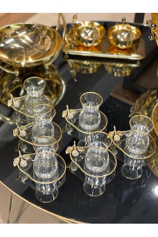 Alfafe Home Özel Seri 6'lı Çay Seti , Çay Takımı , Hediyelik , Çeyizlik Şeffaf Altın