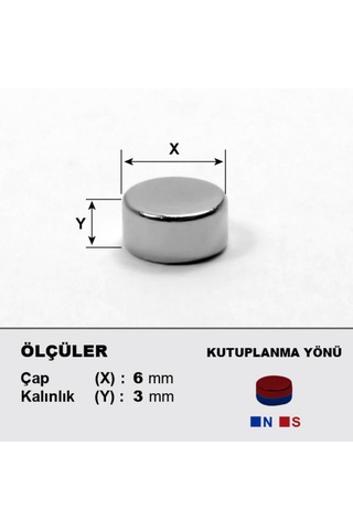 10 Adet Neodyum Mıknatıs Çap: 6mm Kalınlık: 3mm D6x3 Ndfeb Güçlü Mıknatıs Yuvarlak N086