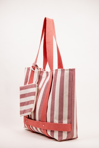 Fabric Craft Bag Plaj Çantası Çizgili Keten Büyük Boy Omuz Çantası 50x40 Cm Çıkarılabilir Cüzdanlı Gülkurusu - Beyaz
