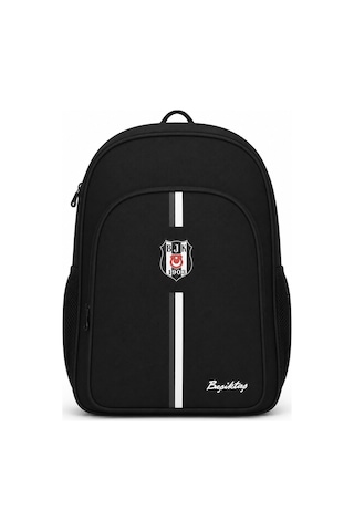 Beşiktaş Lisanslı Kanvas Okul Çantası - Siyah Beyaz Çizgili 3 Bölmeli Sırt Çantası