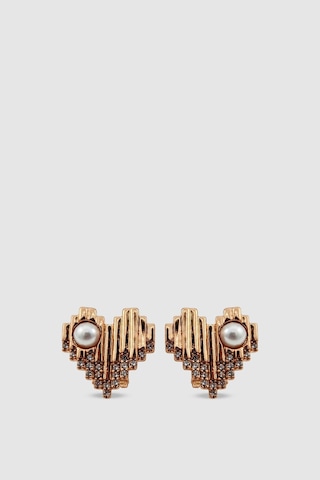 İnci Ve Zirkon Taşlı Kalp Formlu Rose Gold Bijuteri Küpe