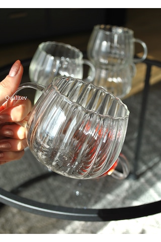 300 Ml Kulplu Çizgili Tombul Modern Cam Bardak-1 Adet