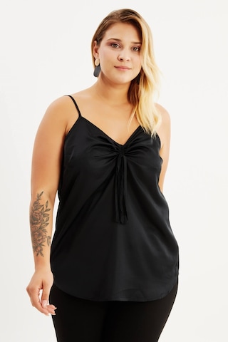 Saten İp Askılı Büzgülü Bluz Siyah