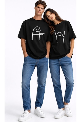 Nevermind Komik Çöp Adam Çift Tişörtü Oversize Unisex Sevgili Kombini Baskı Siyah