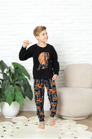 Yeni Stil Sonbahar/kış Erkek Çocuk Basketball Desenli Polar Pijama Takımı 4562 Siyah