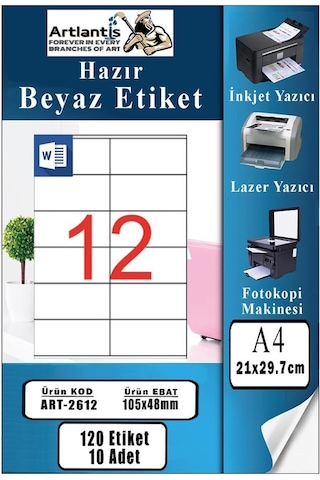 A4 Hazır Etiket 105x48 Mm 10 Sayfa 1 Paket 12 Li Kendinden Yapışkanlı Fotokopi Lazer İnkjet Kağıdı Yazıcılar İçin Uyumlu