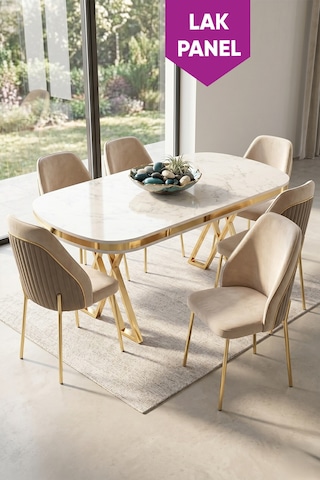 Lindia Serisi 90x168 Lak Panel Beyaz Mermer Desen Gold Ayaklı Masa Takımı 6 Krem Sandalye