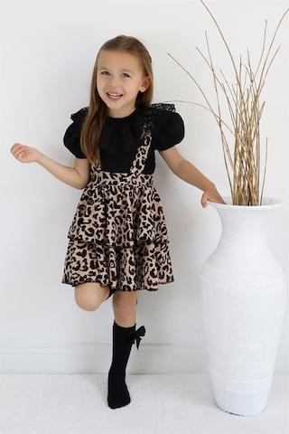 Kız Çocuk Helen Leopar Askılı Kat Kat Bağlama Jile Elbise Dantel Detay Kısa Kollu Bluz Takım