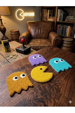 El Yapımı Punch Nakışlı 4'lü Pac-man Ve Hayaletleri Bardak Altlığı Seti - Retro Gamer Hediye Çok Renkli