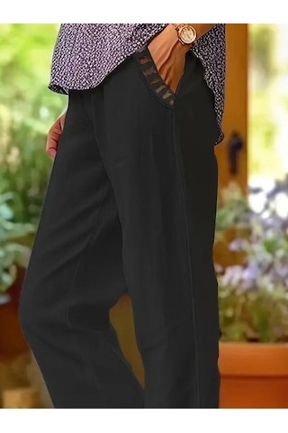 Valensdesign Kadın Beli Lastikli Bağcıklı Cep Ve Pantolon Ucu Güpür Detaylı Pantolon Siyah