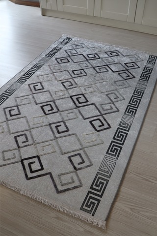 Arte Nakışlı Gri Beyaz Kilim Dekoratif Salon Halısı Yıkanabilir Gri - Beyaz