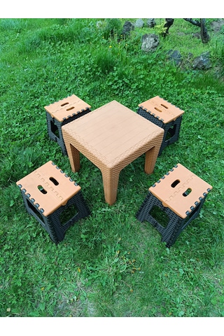 Evko Mobilya Kamp Seti, Piknik Seti, Masa Tabure Seti, Portatif Set, Plastik Katlanabilir Set, 4 + 1 Set Turuncu