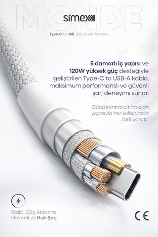 Simex 120w/67w/33w Usb To Type-c Ultra Turbo Hızlı Şarj Kablosu Xiaomi Uyumlu, Gri, 1 Metre