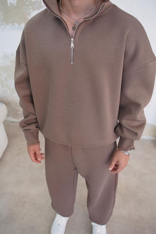 Açık Kahve Cozy Basic Yarım Fermuar Oversize Sweatshirt Açık Kahverengi
