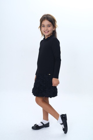 Toontoy Kız Çocuk Yaka Fırfır Etek 3d Güllü Elbise Siyah