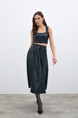 Sateen Bel Lastikli Deri Etek - Siyah-135588 Siyah