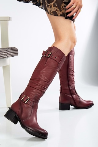 Analin Shoes Kadın Hakiki Deri Körüklü Ayarlanabilir Tokalı Çizme Bordo