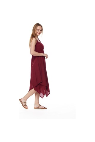 Şile Bezi Bordo Asimetrik Düğmeli Elbise Bordo