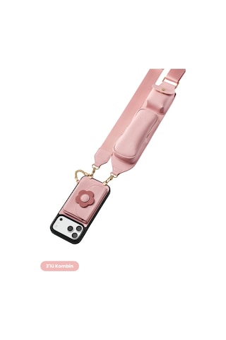 Hera Apple Uyumlu iPhone 18 Pro / 17 Pro Uyumlu Çiçek Magsafe Cüzdan, Cepli Gözlük Askısı Ve Kılıf 3'lü Pembe Set