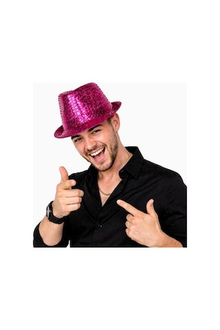 Fuşya Pembe Payetli Disco Parti Şapkası Yetişkin Işıltılı Fötr Model Diğer