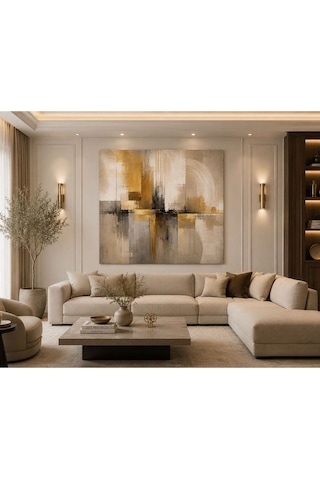 Golden Geometry Kare Soyut Kanvas Tablo Bej, Krem, Gri Ve Altın Tonlu Modern Duvar Dekoru Minimalist Salon, Yatak Odası Ve Ofis Tablosu