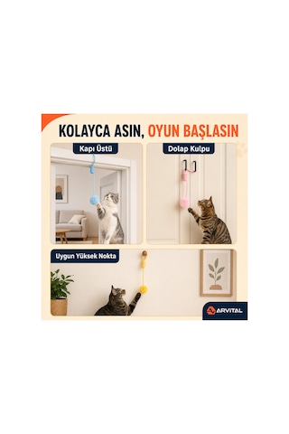 Elastik Yaylı Asılabilir Peluş Ponpon Kedi Oyuncağı 100 Cm