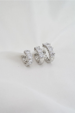 Kadın Altın Kaplama Baget Zirkon Taşlı Figürlü 3 Boy Küpe Seti - Gümüş